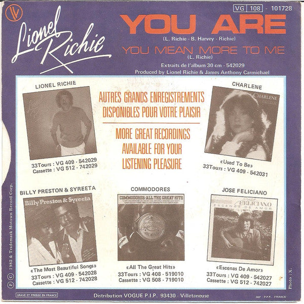 Lionel Richie : You Are (7", Single)