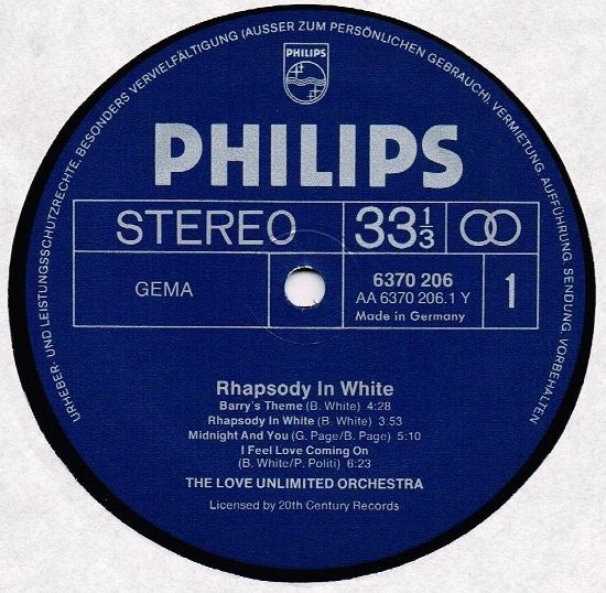 Love Unlimited Orchestra Arranged & Conducted By Barry White : Rhapsody In White (LP, Album)
