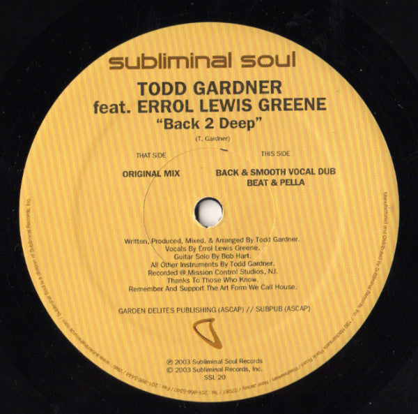 Todd Gardner Feat. Errol Lewis Greene : Back 2 Deep (12")