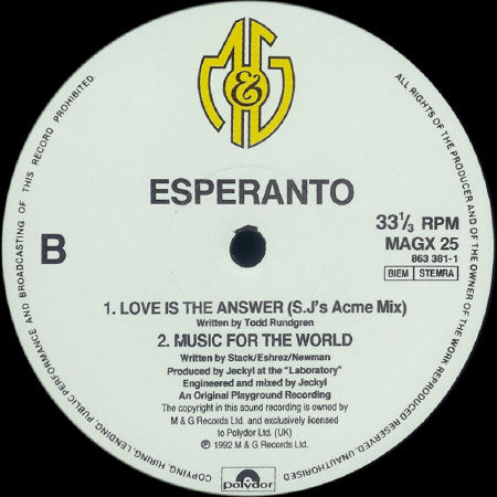 Esperanto (12) : Love Is The Answer (12")