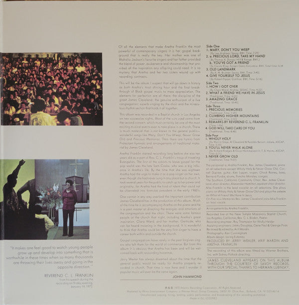 Aretha Franklin With Rev. James Cleveland & The Southern California Community Choir : Amazing Grace (2xLP, Album, RE, 180)
