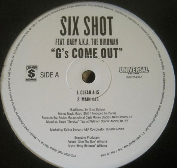 6 Shot Feat. Baby (2) A.K.A. Birdman (2) : G's Come Out (12", Promo)