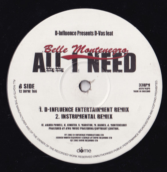 D'Influence / D-Vas Featuring Belle Montenegro : All I Need (12")