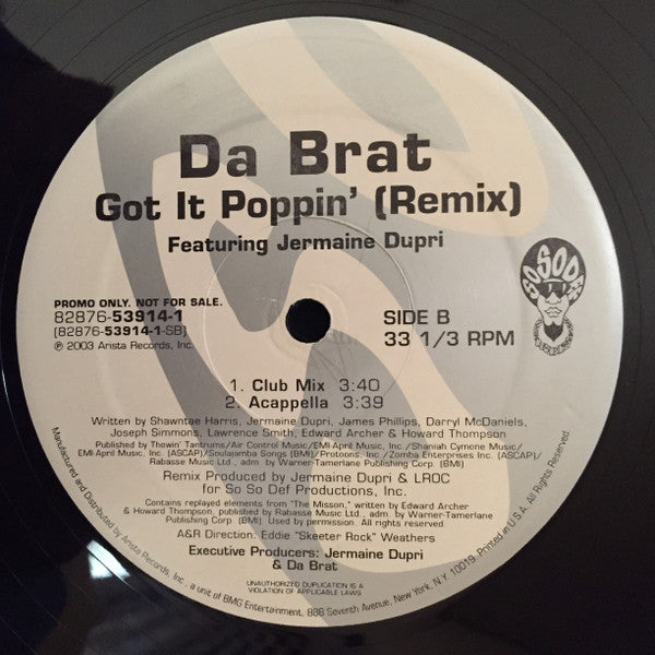 Da Brat Featuring Jermaine Dupri - Got It Poppin' (Remix) (12", Promo)