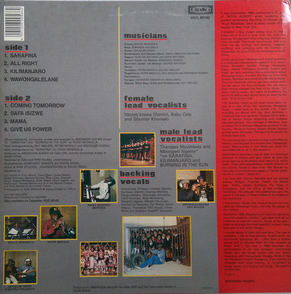 Mbongeni Ngema - Hugh Masekela : Mbongeni Ngema's Sarafina! (LP, Album)