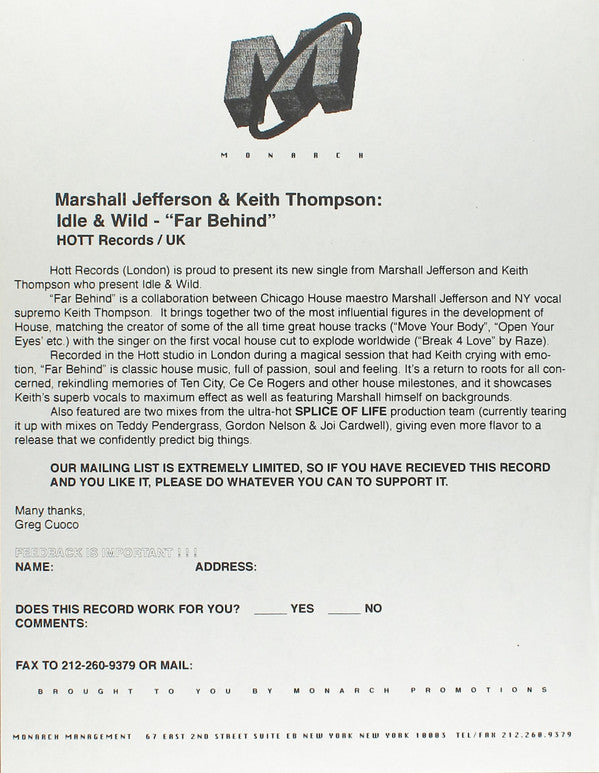 Marshall Jefferson & Keith Thompson Present Idle & Wild - Far Behind (12")