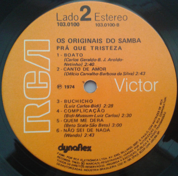Os Originais Do Samba - Pra Que Tristeza (LP, Album)