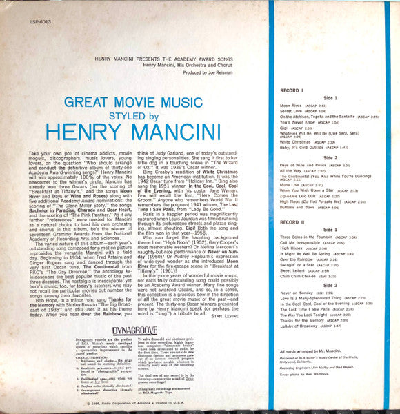 Henry Mancini, His Orchestra And Chorus* - Henry Mancini Presents The Academy Award Songs (2xLP, Album, RE, Gat)