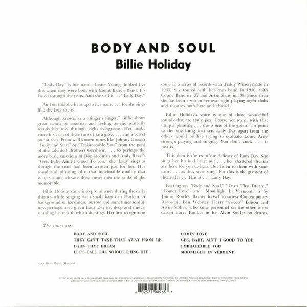 Billie Holiday : Body And Soul (LP, Mono, RE)