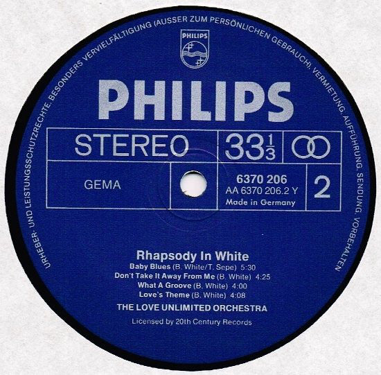 Love Unlimited Orchestra Arranged & Conducted By Barry White : Rhapsody In White (LP, Album)