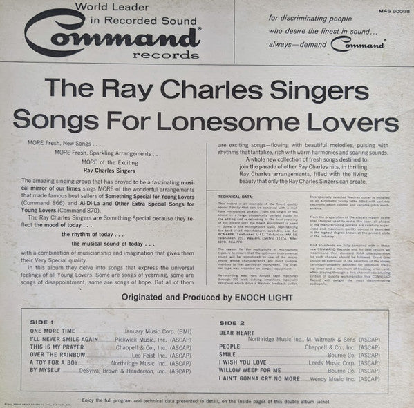 The Ray Charles Singers - Songs For Lonesome Lovers (LP, Album, Mono, Club, Gat)