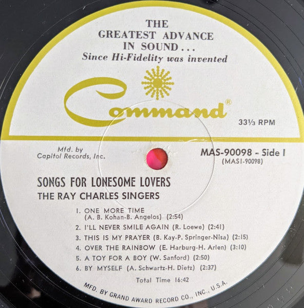 The Ray Charles Singers - Songs For Lonesome Lovers (LP, Album, Mono, Club, Gat)