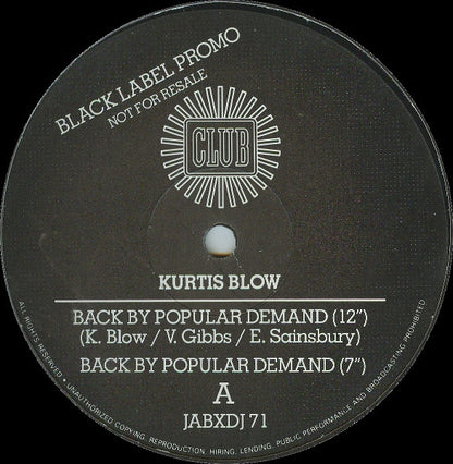 Kurtis Blow : Back By Popular Demand (12", Promo)