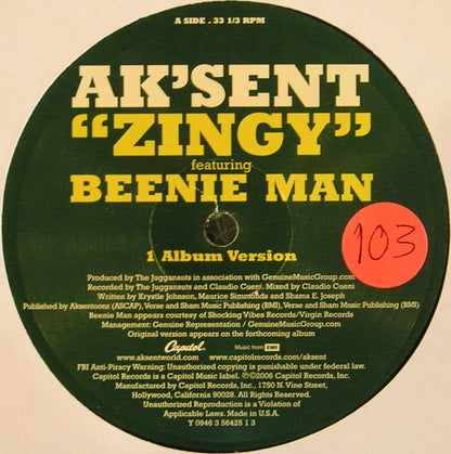 Ak'sent Featuring Beenie Man - Zingy (12")