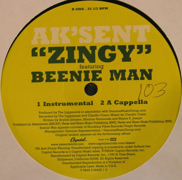Ak'sent Featuring Beenie Man - Zingy (12")