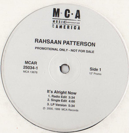 Rahsaan Patterson : It's Alright Now (12", Promo)