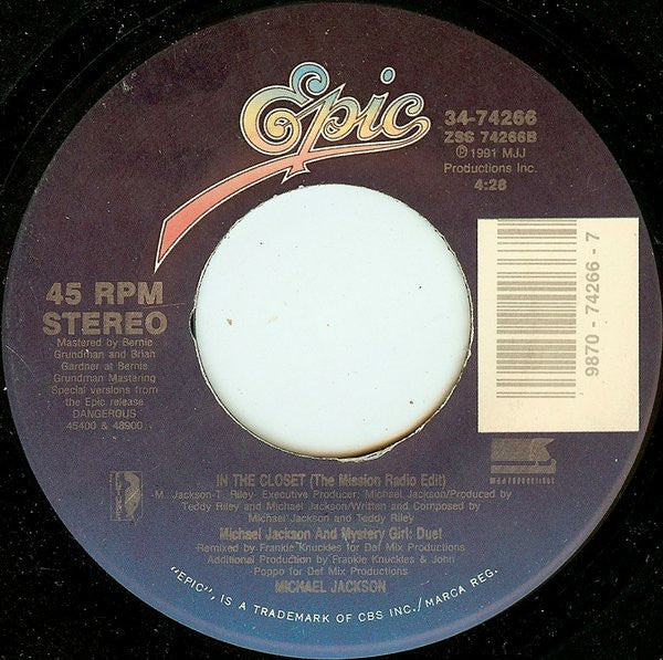 Michael Jackson And Mystery Girl : In The Closet (7", Single)