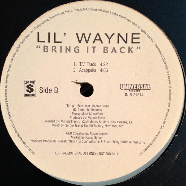 Lil Wayne : Bring It Back (12", Promo)