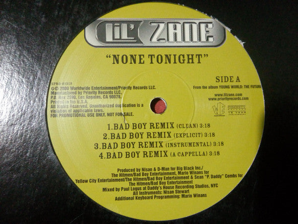 Lil' Zane : None Tonight (Remixes) (12", Maxi, Promo)