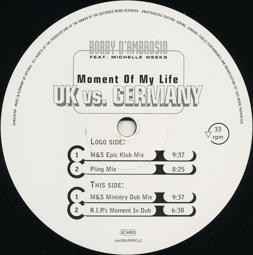 Bobby D'Ambrosio Feat. Michelle Weeks : Moment Of My Life (UK vs. Germany) (12")
