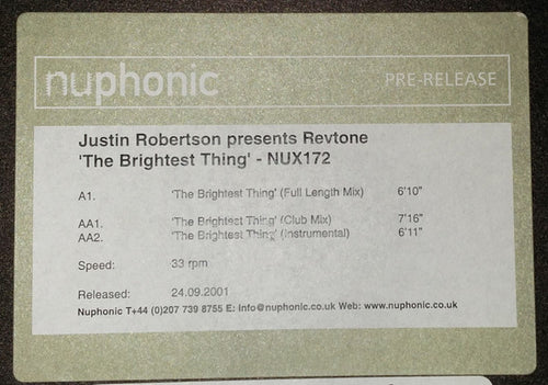 Justin Robertson Presents Revtone : The Brightest Thing (12", Promo, W/Lbl)