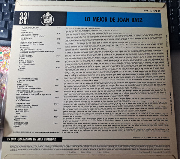 Joan Baez : Lo Mejor De Joan Baez (LP, Comp, RE)