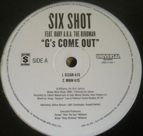 6 Shot Feat. Baby (2) A.K.A. Birdman (2) : G's Come Out (12", Promo)