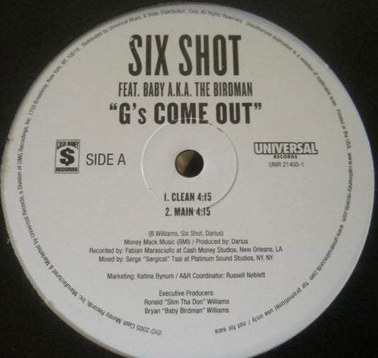 6 Shot Feat. Baby (2) A.K.A. Birdman (2) : G's Come Out (12", Promo)