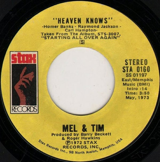 Mel & Tim : Heaven Knows / Don't Mess With My Money, My Honey Or My Woman (7", Single, Styrene)