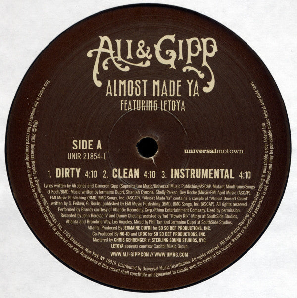 Ali & Gipp Featuring Letoya - Almost Made Ya (12", Promo)