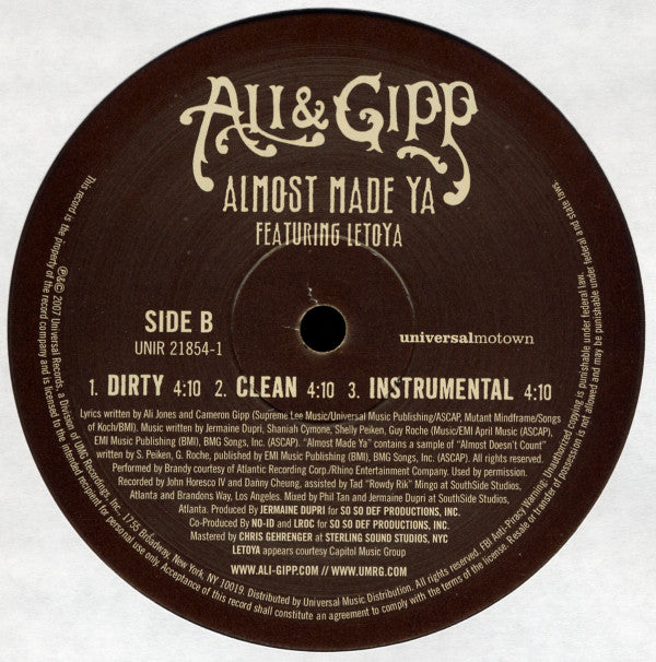 Ali & Gipp Featuring Letoya - Almost Made Ya (12", Promo)