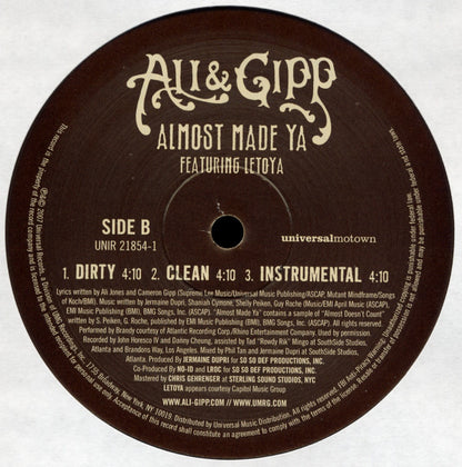 Ali & Gipp Featuring Letoya - Almost Made Ya (12", Promo)