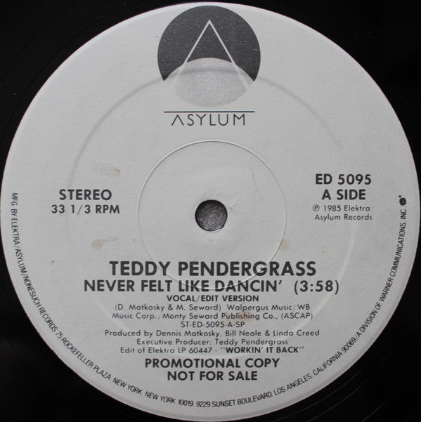 Teddy Pendergrass : Never Felt Like Dancin' (12", Single, Promo)