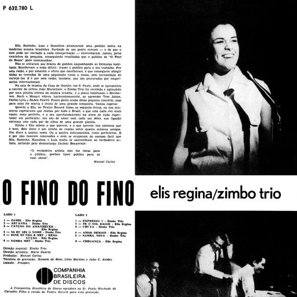 Elis Regina E Zimbo Trio - O Fino Do Fino ("Ao Vivo", No Teatro Record) (LP, Album, Mono)