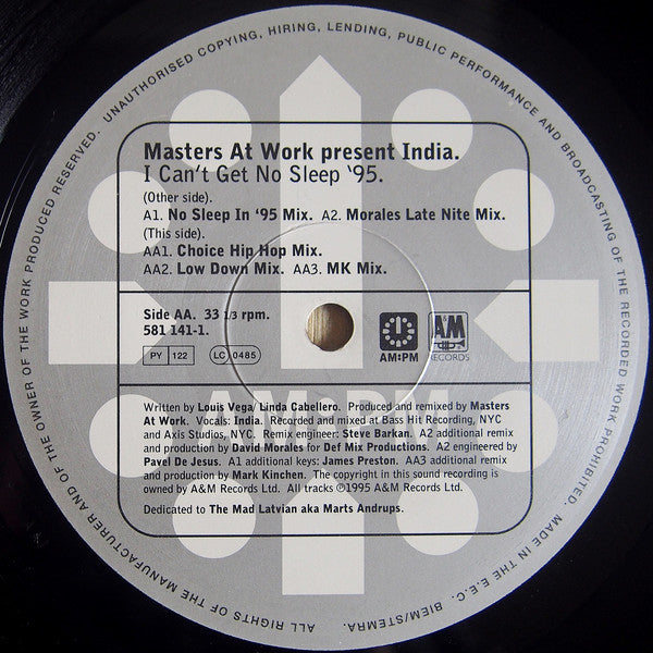 Masters At Work Present India - I Can't Get No Sleep '95 (Masters At Work / David Morales / MK Mixes) (12", 1 o)