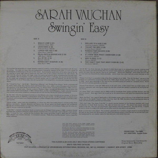 Sarah Vaughan - Swingin' Easy (LP, Album, RE)