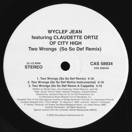 Wyclef Jean Feat. Claudette Ortiz : Two Wrongs (So So Def Remix) (12")