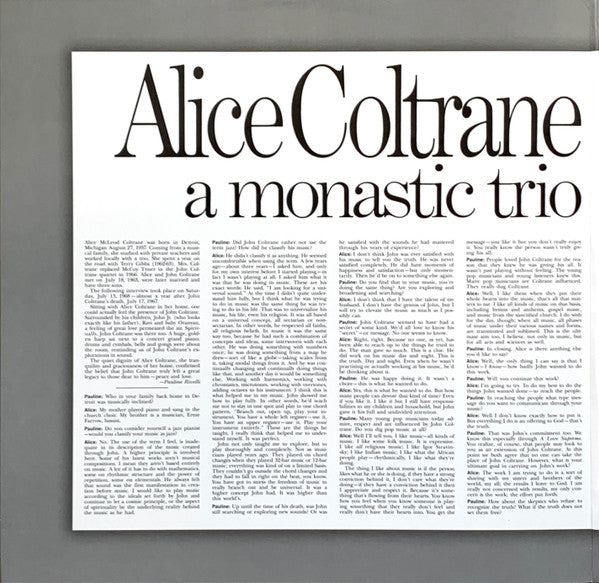 Alice Coltrane - A Monastic Trio (LP, Album, RE, Gat)