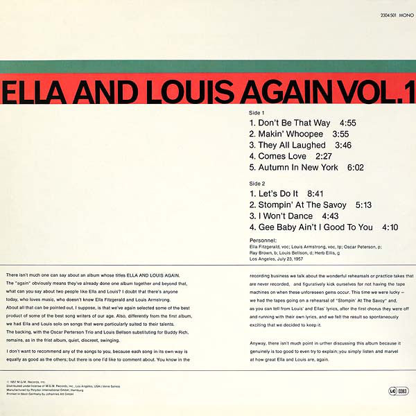 Ella Fitzgerald And Louis Armstrong - Ella And Louis Again Vol. 1 (LP, Mono, RE)