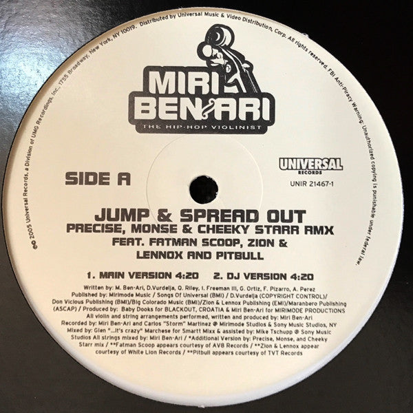 Miri Ben-Ari Feat. Fatman Scoop, Zion & Lennox*, Pitbull - Jump & Spread Out (12", Promo, Whi)