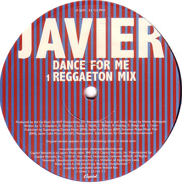 Javier Colon : Dance For Me (Reggaeton Mix) (12", Single)