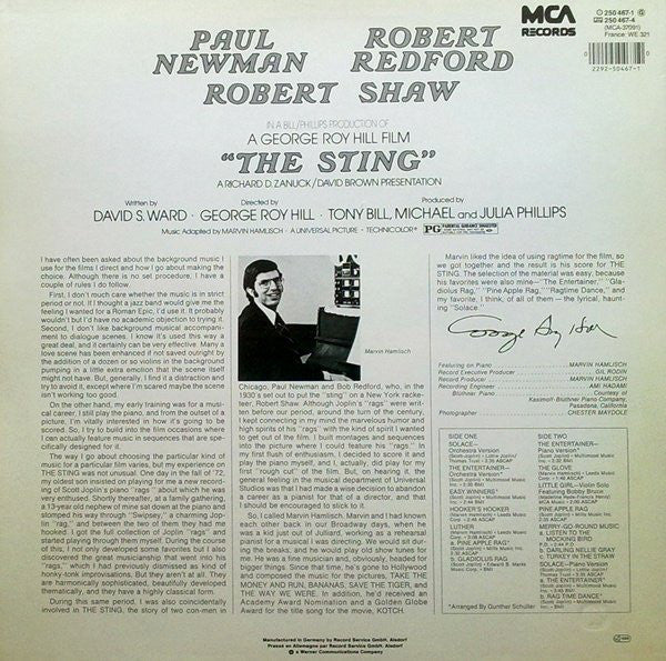 Marvin Hamlisch Featuring The Music Of Scott Joplin : The Sting (Original Motion Picture Soundtrack) (LP, RE)