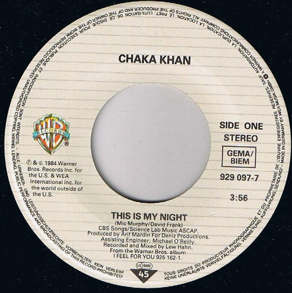 Chaka Khan : This Is My Night (7", Single)