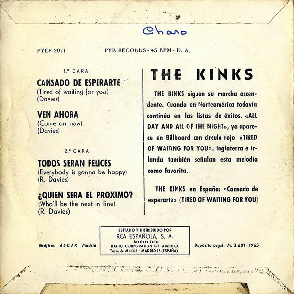 The Kinks - Cansado De Esperarte / Ven Ahora / Todos Serán Felices / ¿Quien Sera El Proximo? (7", EP, Bla)