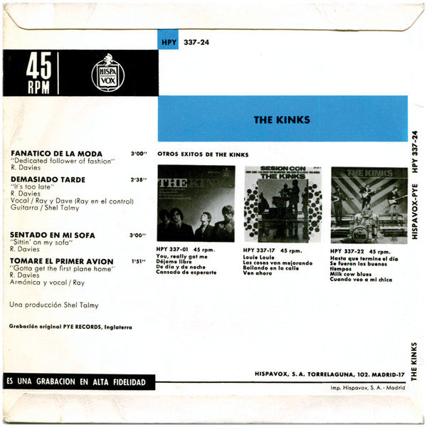 The Kinks - Tomaré El Primer Avión / Fanático De La Moda / Sentado En Mi Sofá / Demasiado Tarde (7", EP)