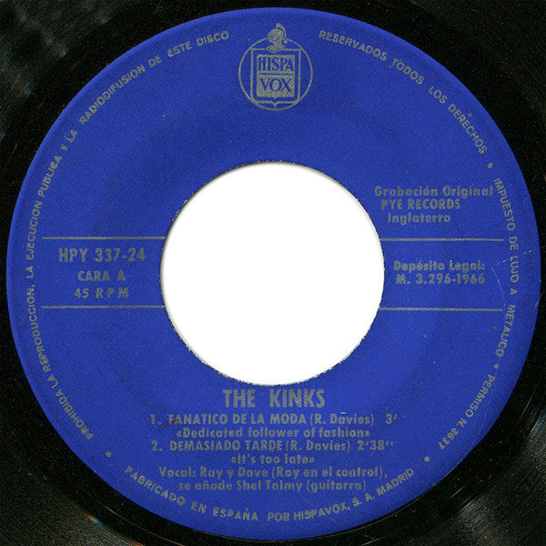 The Kinks - Tomaré El Primer Avión / Fanático De La Moda / Sentado En Mi Sofá / Demasiado Tarde (7", EP)