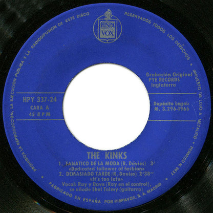 The Kinks - Tomaré El Primer Avión / Fanático De La Moda / Sentado En Mi Sofá / Demasiado Tarde (7", EP)