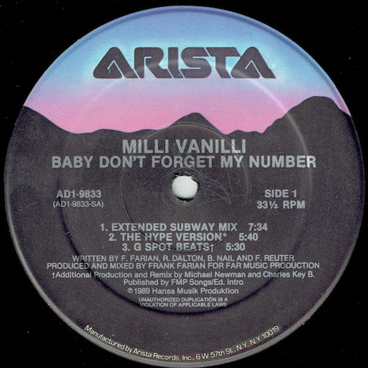 Milli Vanilli : Baby Don't Forget My Number (12", Single)