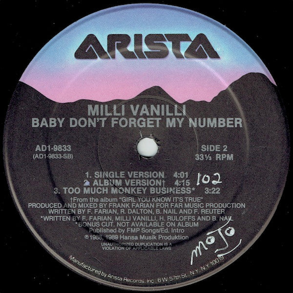 Milli Vanilli - Baby Don't Forget My Number (12", Single)