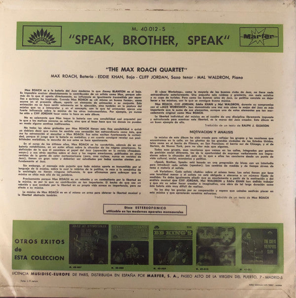 Max Roach Quartet : Speak, Brother, Speak! (LP, Album, RE)